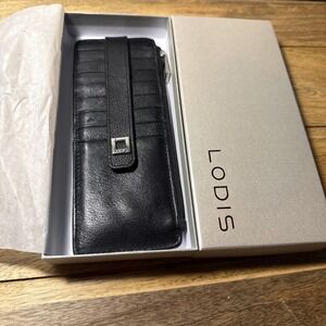 Lodis Wallet Credit Card Case Italian Leather Side Zip And Snap In Black